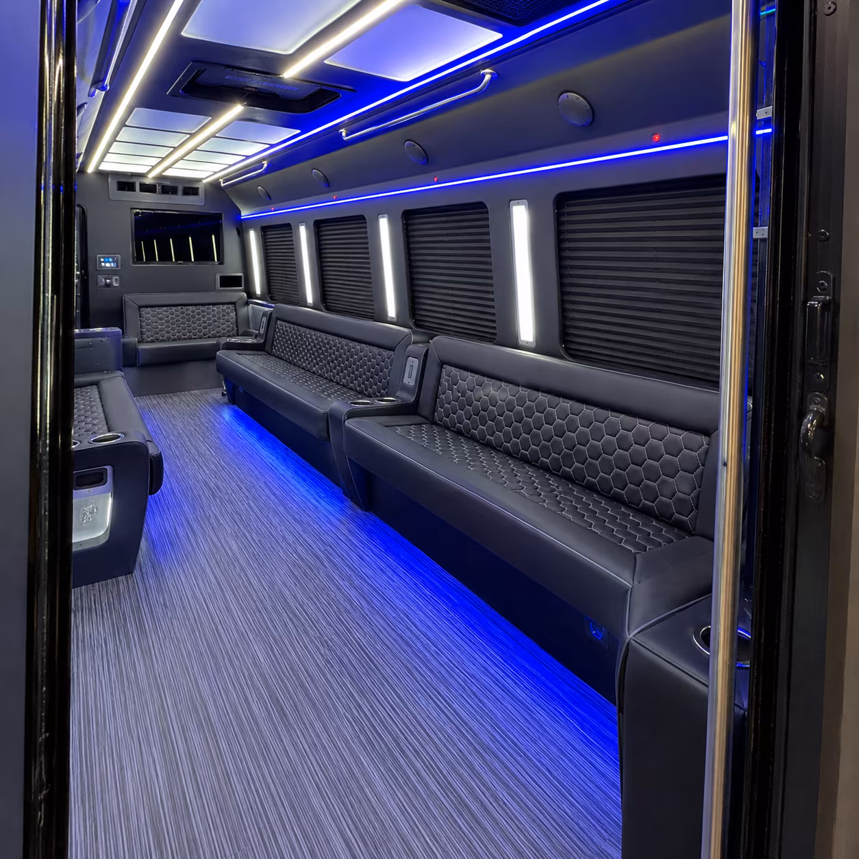 Passenger seating aboard a party bus rental serving Atlanta