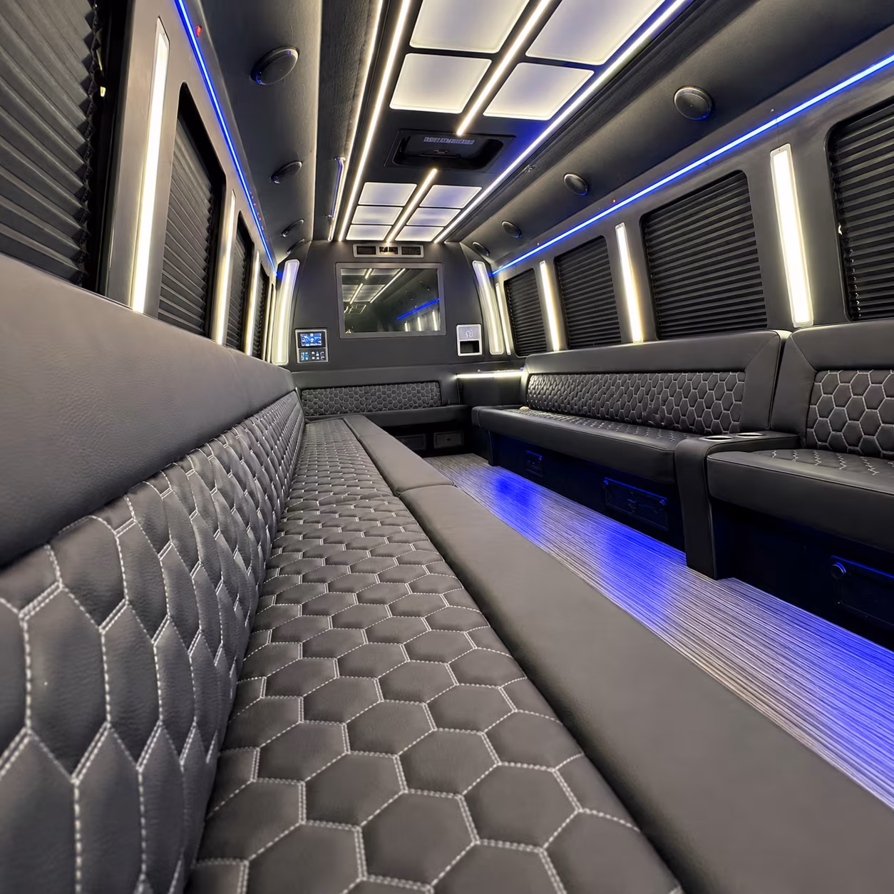 Interior of a party bus rental serving Atlanta